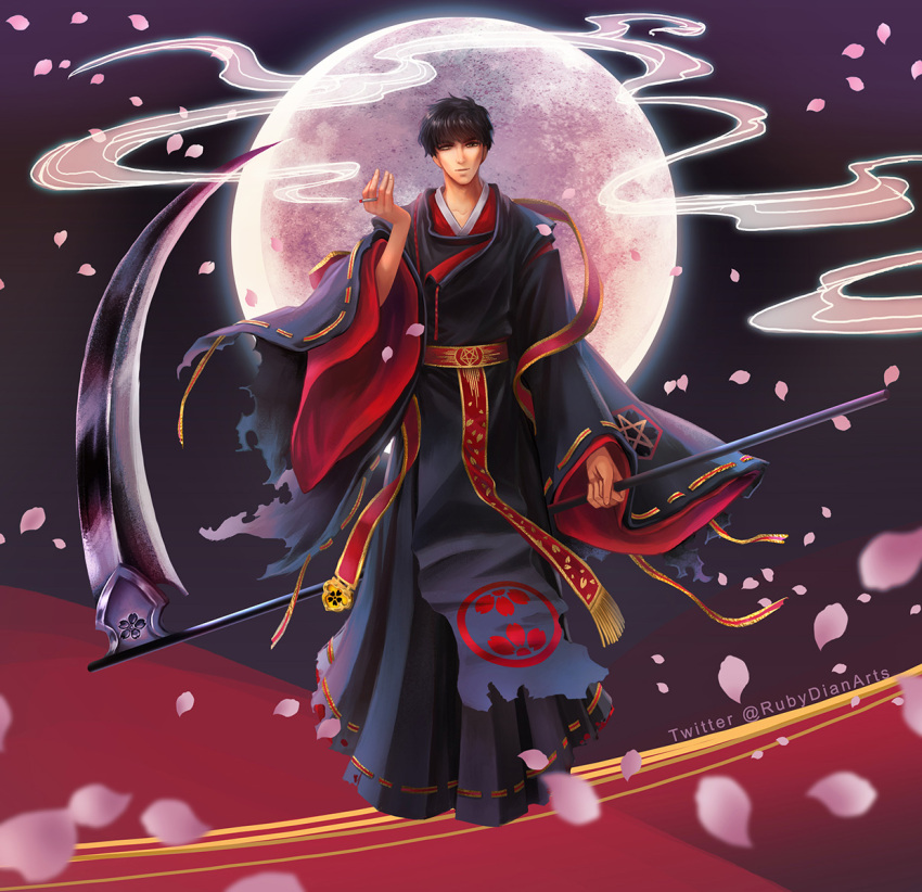 1boy black_hair blurry cigarette depth_of_field embellished_costume full_body full_moon highres japanese_clothes looking_at_viewer moon petals rubydian sakurazuka_seishirou scythe short_hair simple_background smoke solo torn_clothes twitter_username wide_sleeves x_(manga)