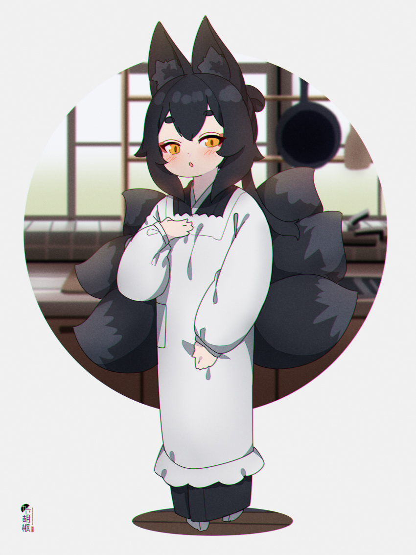 1girl animal_ear_fluff animal_ears apron bangs black_hair black_kimono blush commentary_request eyebrows_visible_through_hair folded_ponytail fox_ears fox_girl fox_tail full_body highres japanese_clothes kappougi kimono kitsune kuro_kosyou long_hair long_sleeves looking_at_viewer orange_eyes original parted_lips puffy_long_sleeves puffy_sleeves short_eyebrows sidelocks sleeves_past_wrists socks solo standing tabi tail thick_eyebrows white_apron white_legwear