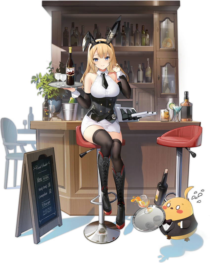 1girl animal_ears astoria_(azur_lane) astoria_(black_bunny_carnival)_(azur_lane) azur_lane bare_shoulders black_bow black_corset black_footwear black_legwear black_neckwear blonde_hair blue_eyes boots bottle bow breasts buttons corset cross-laced_footwear detached_sleeves double-breasted fake_animal_ears hand_in_hair highres holding holding_tray knee_boots lace-up_boots large_breasts looking_at_viewer manjuu_(azur_lane) miniskirt necktie official_alternate_costume official_art rabbit_ears shirt sitting skirt solo thigh-highs transparent_background tray vilor white_shirt white_skirt wine_bottle