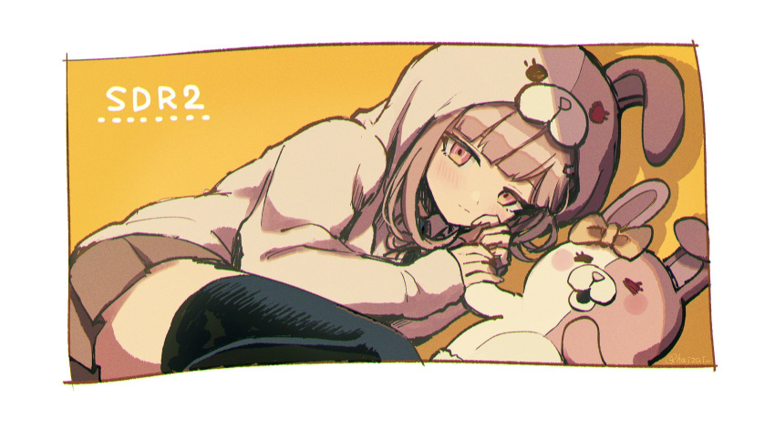 1girl animal_hood bangs blunt_bangs blush bow bunny_hood closed_mouth copyright_name cosplay dangan_ronpa_(series) dangan_ronpa_2:_goodbye_despair ear_bow eyebrows_visible_through_hair hair_ornament haizai highres holding_hands hood hood_up hooded_jacket jacket light_frown long_sleeves lying medium_hair monomi_(dangan_ronpa) monomi_(dangan_ronpa)_(cosplay) nanami_chiaki on_back on_side orange_background orange_bow pink_eyes pleated_skirt shiny shiny_hair skirt solo thigh-highs white_background zettai_ryouiki