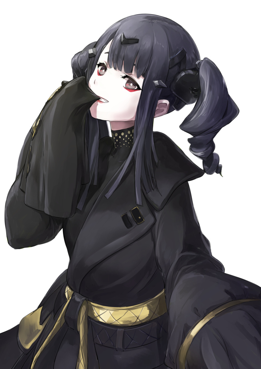 1girl bangs black_eyes black_hair blunt_bangs eyeliner girls_frontline grin highres lips long_sleeves makeup nyto_nimogen_(girls_frontline) pale_skin paradeus sanderson sidelocks smile solo twintails