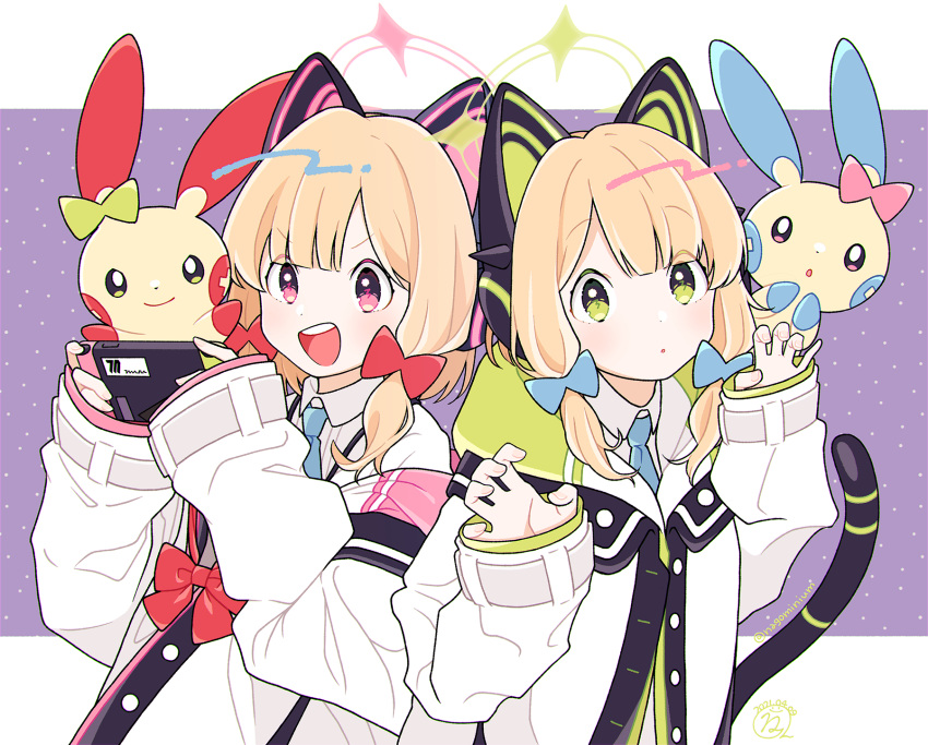blonde_hair blue_archive cat_ear_headphones cat_tail commentary_request gen_3_pokemon hair_ribbon halo headphones highres jacket looking_at_viewer midori_(blue_archive) minun momoi_(blue_archive) namigon necktie open_mouth plusle pokemon pokemon_(creature) ribbon school_uniform short_hair siblings sidelocks signature simple_background tail twins twintails
