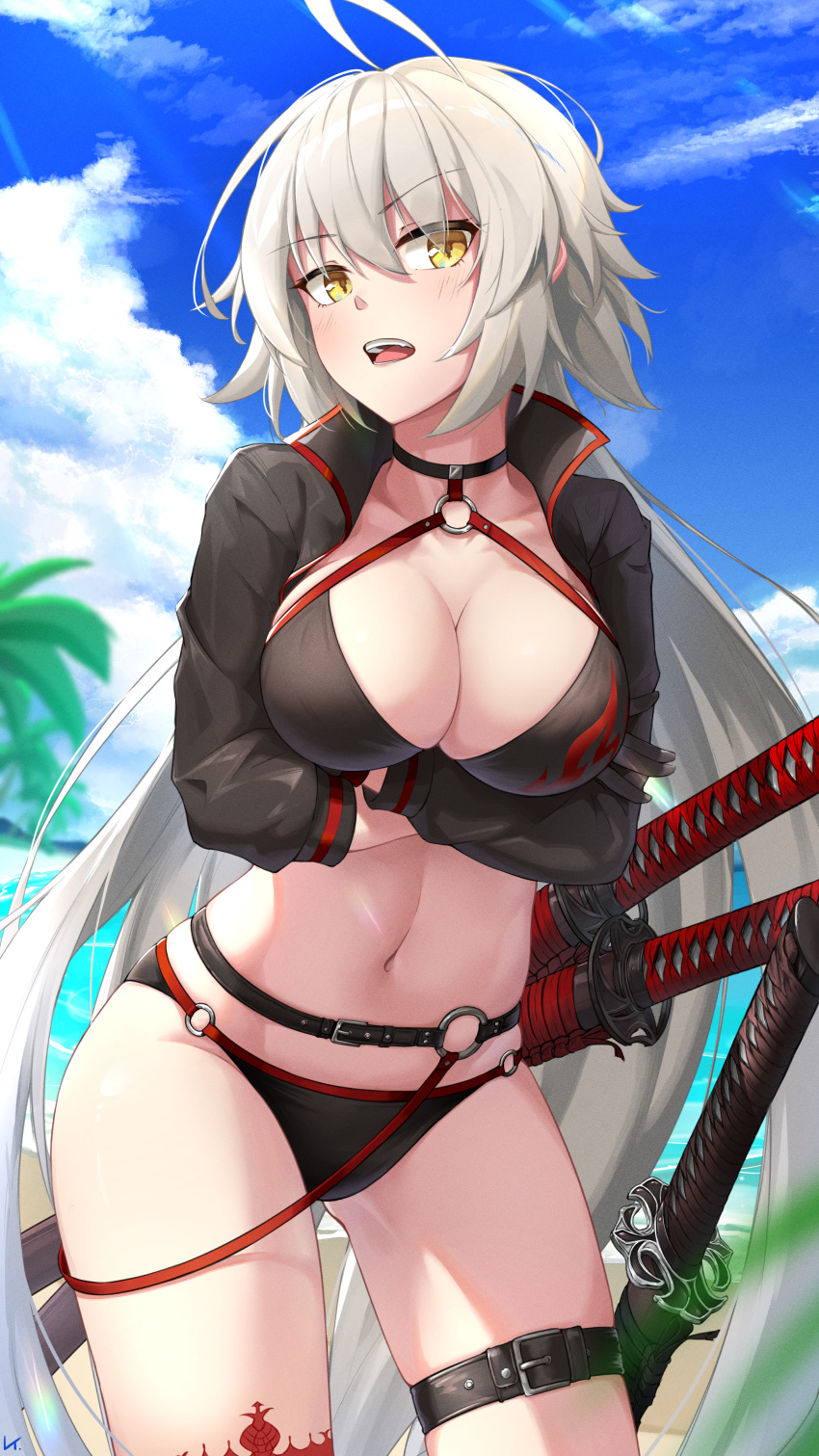 1girl absurdres ahoge bikini black_bikini black_choker black_gloves black_jacket blue_sky breasts choker clouds cropped_jacket day fate/grand_order fate_(series) gin9684 gloves highres huge_filesize jacket jeanne_d'arc_(alter_swimsuit_berserker)_(fate) jeanne_d'arc_(fate)_(all) katana large_breasts long_hair multiple_swords o-ring o-ring_bikini o-ring_bottom o-ring_top outdoors red_legwear shrug_(clothing) silver_hair single_thighhigh sky solo standing swimsuit sword thigh-highs thigh_strap very_long_hair weapon yellow_eyes
