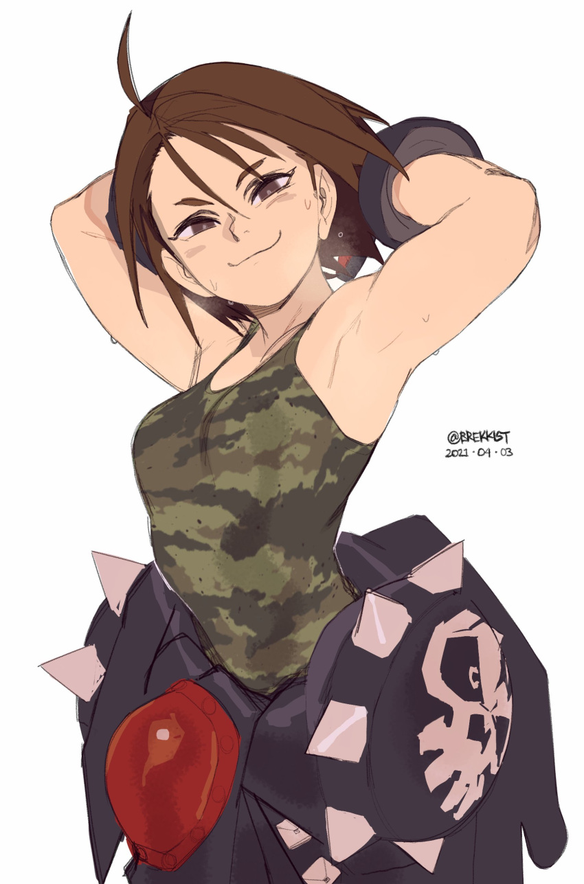 1girl absurdres ahoge armpits arms_behind_head arms_up biker_clothes breasts brekkist brown_eyes brown_hair camouflage_tank_top clothes_around_waist english_commentary highres kazama_akira rival_schools small_breasts smile solo street_fighter street_fighter_v sweat white_background