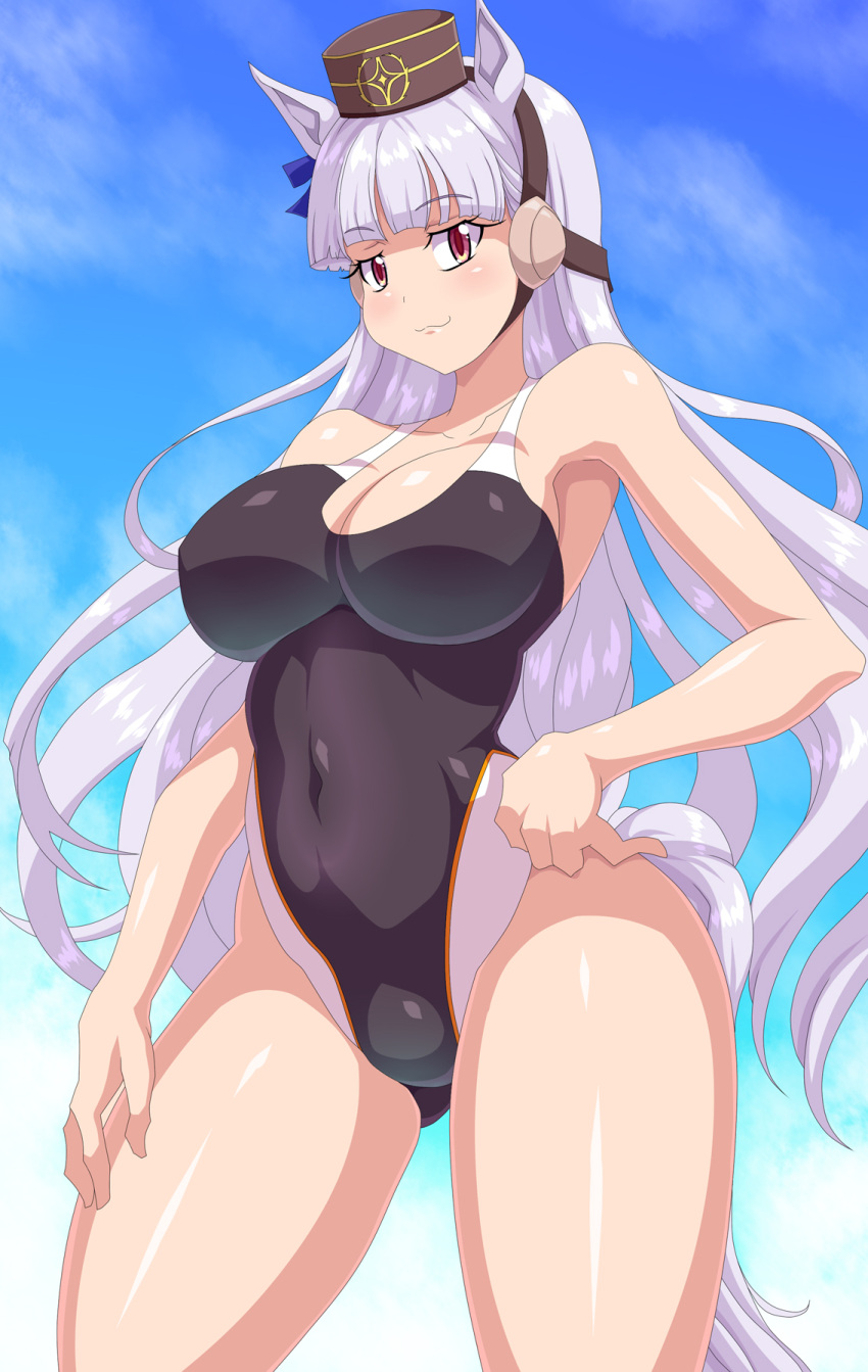 1girl animal_ears bangs black_headwear black_swimsuit blue_sky blunt_bangs breasts clouds commentary_request competition_swimsuit covered_navel curvy gold_ship_(umamusume) highleg highleg_swimsuit highres horse_ears horse_girl horse_tail kihaiu large_breasts long_hair looking_at_viewer one-piece_swimsuit silver_hair sky smile solo standing swimsuit tail umamusume violet_eyes