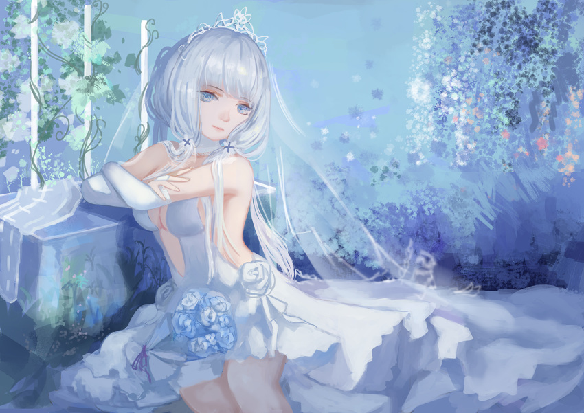 1girl azur_lane backless_outfit bare_shoulders blue_eyes blue_flower bouquet breasts bridal_gauntlets bridal_veil center_opening dress flower garter_straps gloves hair_ribbon halter_dress halterneck illustrious_(azur_lane) illustrious_(morning_star_of_love_and_hope)_(azur_lane) lace-trimmed_dress lace_trim large_breasts long_dress looking_at_viewer mllay official_alternate_costume ribbon rose silver_eyelashes solo tiara tri_tails veil wedding_dress white_dress white_flower white_gloves white_rose