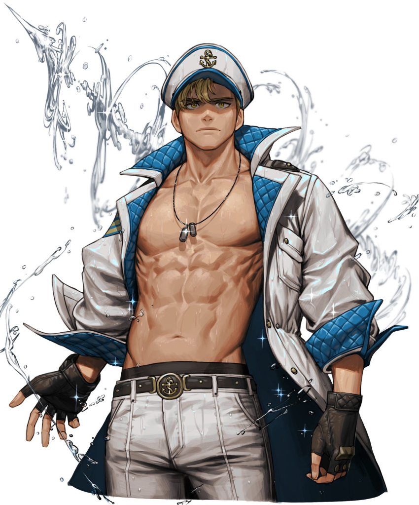 1boy belt black_gloves blonde_hair cowboy_shot fingerless_gloves floating glint gloves hat highres jewelry long_sleeves male_focus muscular muscular_male navel necklace original pants pectorals rinotuna shadow solo water white_headwear white_pants