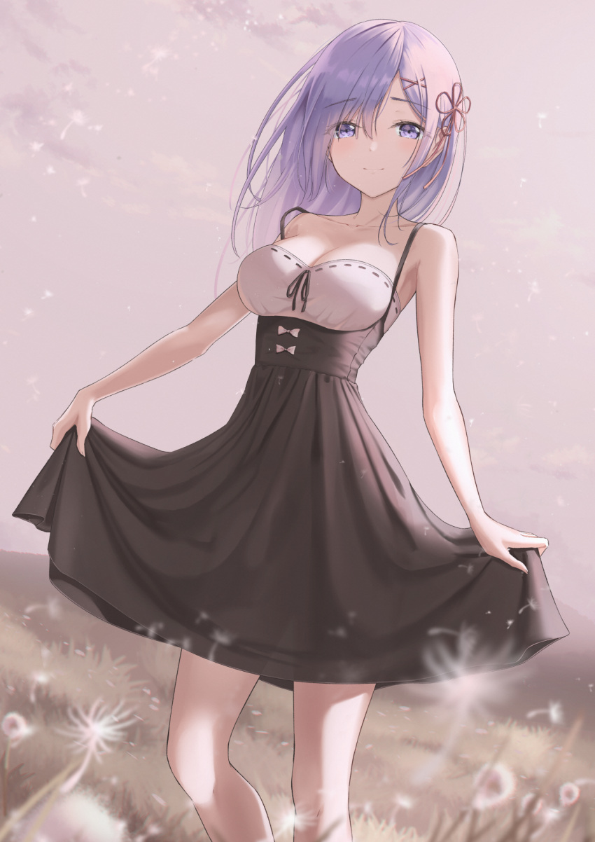 1girl blue_eyes breasts closed_mouth clouds commentary dress dress_lift eyebrows_visible_through_hair flower hair_ornament highres hill looking_at_viewer marinesnow medium_hair outdoors re:zero_kara_hajimeru_isekai_seikatsu rem_(re:zero) scenery smile solo thighs