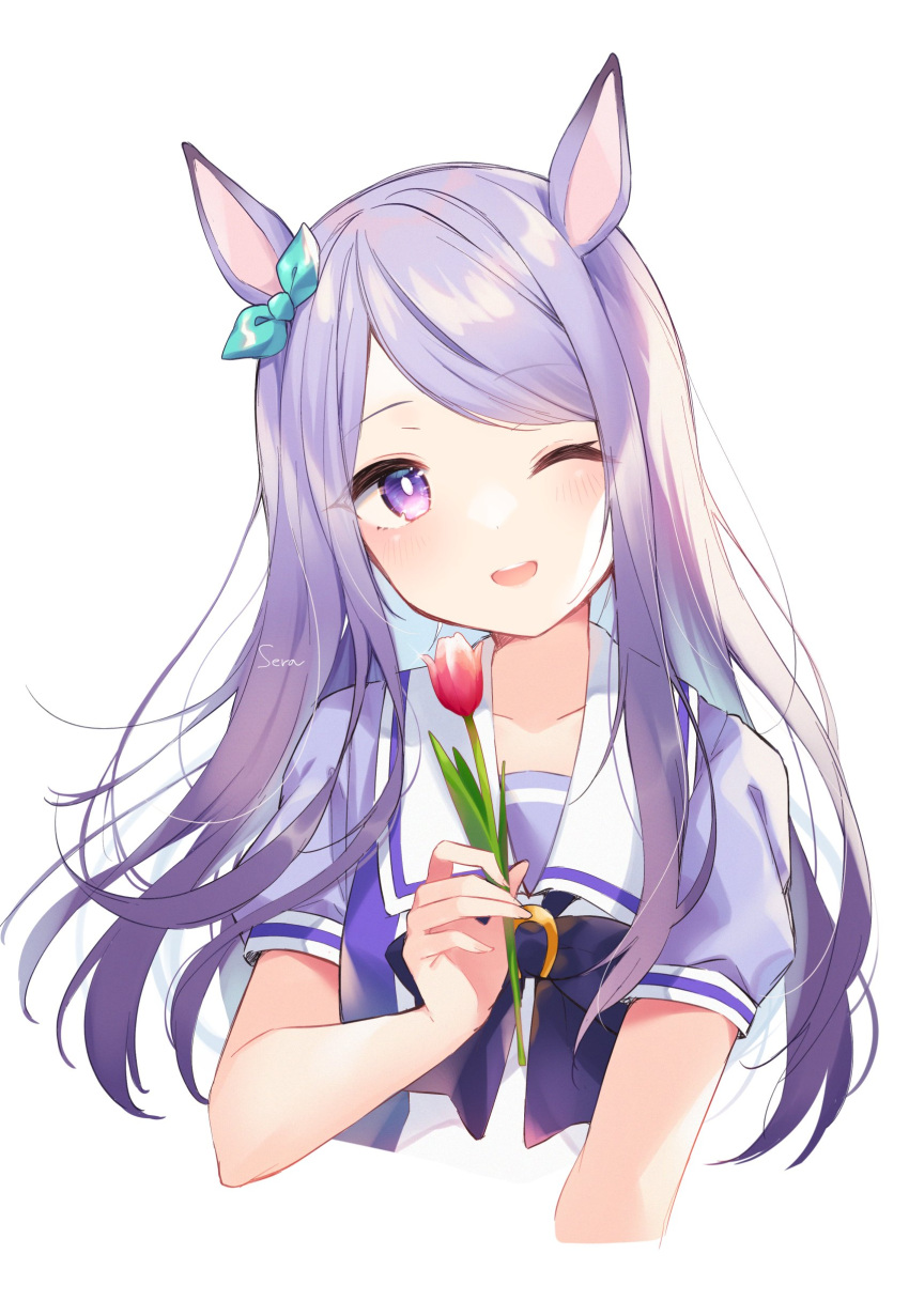 1girl ;d absurdres animal_ears aqua_bow bangs black_bow blush bow commentary_request cropped_torso ear_bow eyebrows_visible_through_hair flower head_tilt highres holding holding_flower horse_ears horse_girl light_purple_hair long_hair looking_at_viewer mejiro_mcqueen_(umamusume) one_eye_closed open_mouth puffy_short_sleeves puffy_sleeves purple_shirt red_flower sailor_collar school_uniform shiino_sera shirt short_sleeves signature smile solo swept_bangs tulip umamusume violet_eyes white_background white_sailor_collar
