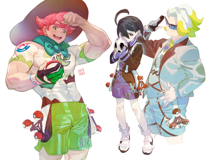 3boys ahoge allister_(pokemon) black-framed_eyewear black_hair blue-tinted_eyewear clenched_hand collared_shirt commentary_request dynamax_band gloves gordie_(pokemon) green_eyes gym_leader hat highres holding holding_mask holding_poke_ball holster jewelry kanataria knees long_sleeves male_focus mask milo_(pokemon) multicolored_hair multiple_boys necklace number partially_fingerless_gloves pink_hair poke_ball poke_ball_(basic) pokemon pokemon_(game) pokemon_swsh ring shirt shoes short_hair short_sleeves shorts single_glove standing sun_hat sunglasses suspender_shorts suspenders two-tone_hair white_footwear