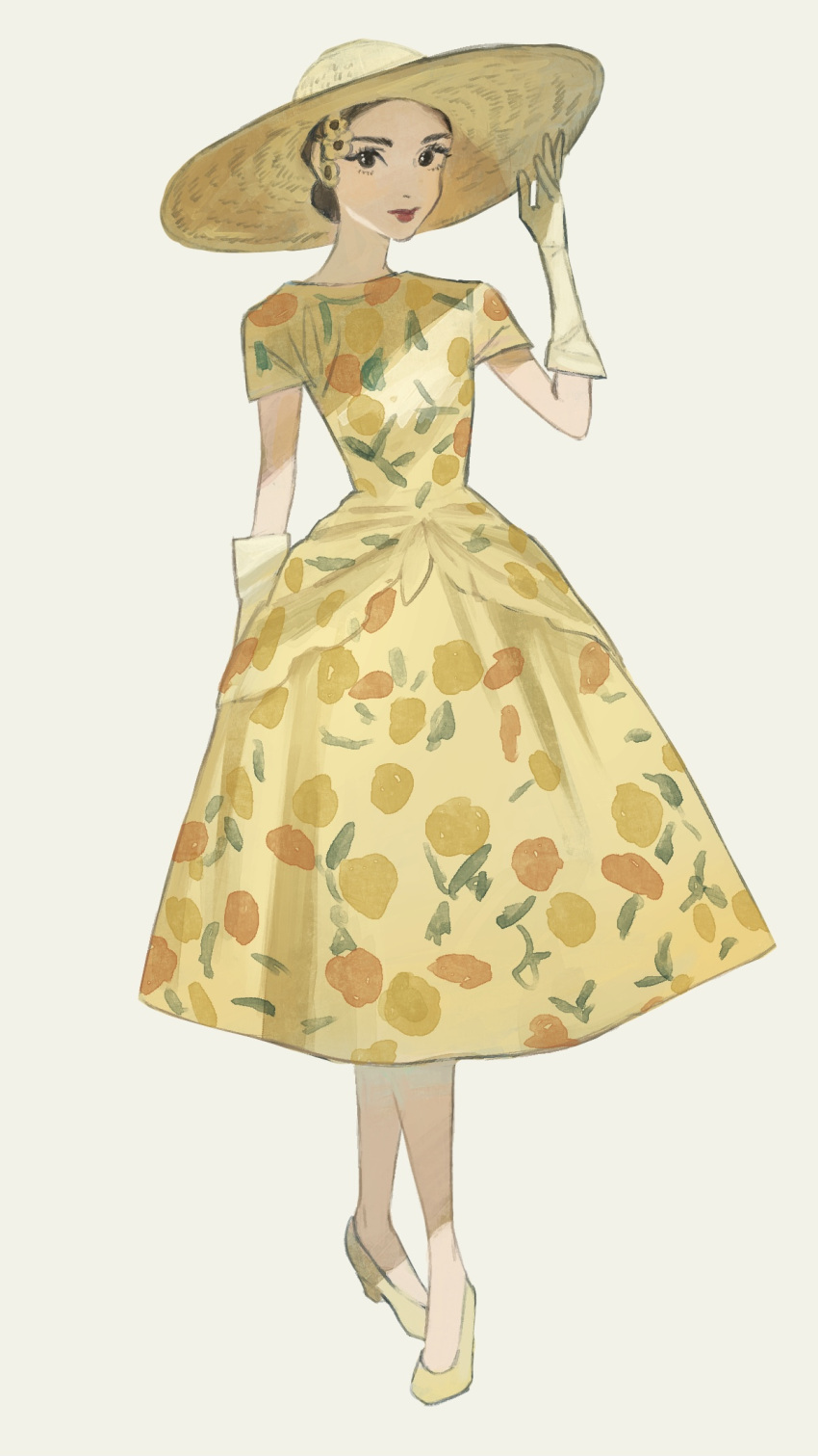 1girl audrey_hepburn dress floral_print flower full_body hair_flower hair_ornament hand_up hat highres mu_mashu print_dress real_life shadow short_sleeves simple_background solo standing white_background yellow_dress yellow_flower yellow_footwear yellow_headwear