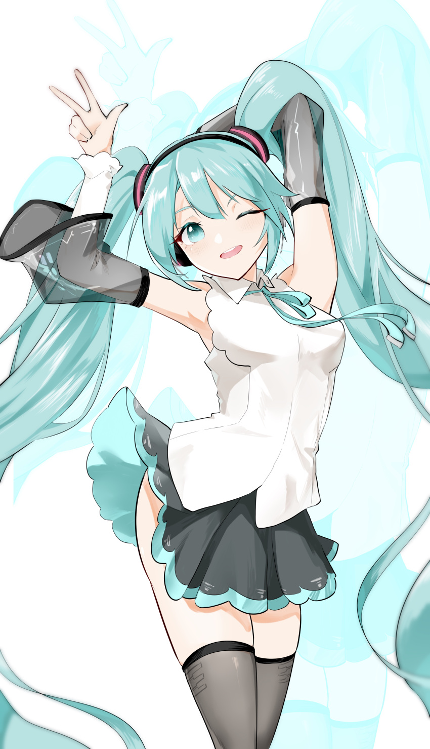 1girl ;o absurdres aqua_eyes aqua_hair aqua_neckwear arm_behind_head arms_up black_legwear breasts cowboy_shot detached_sleeves hatsune_miku highres jiu_ye_sang long_hair looking_at_viewer miniskirt neck_ribbon one_eye_closed open_mouth ribbon shirt simple_background skirt small_breasts thigh-highs twintails very_long_hair vocaloid w white_background white_shirt zoom_layer