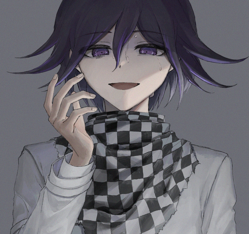 1boy :d aji_kosugi bangs black_hair checkered checkered_background checkered_scarf commentary_request dangan_ronpa_(series) dangan_ronpa_v3:_killing_harmony eyebrows_visible_through_hair grey_background hair_between_eyes hand_up highres long_sleeves looking_at_viewer male_focus open_mouth ouma_kokichi purple_hair scarf short_hair smile solo straitjacket sweat upper_body violet_eyes