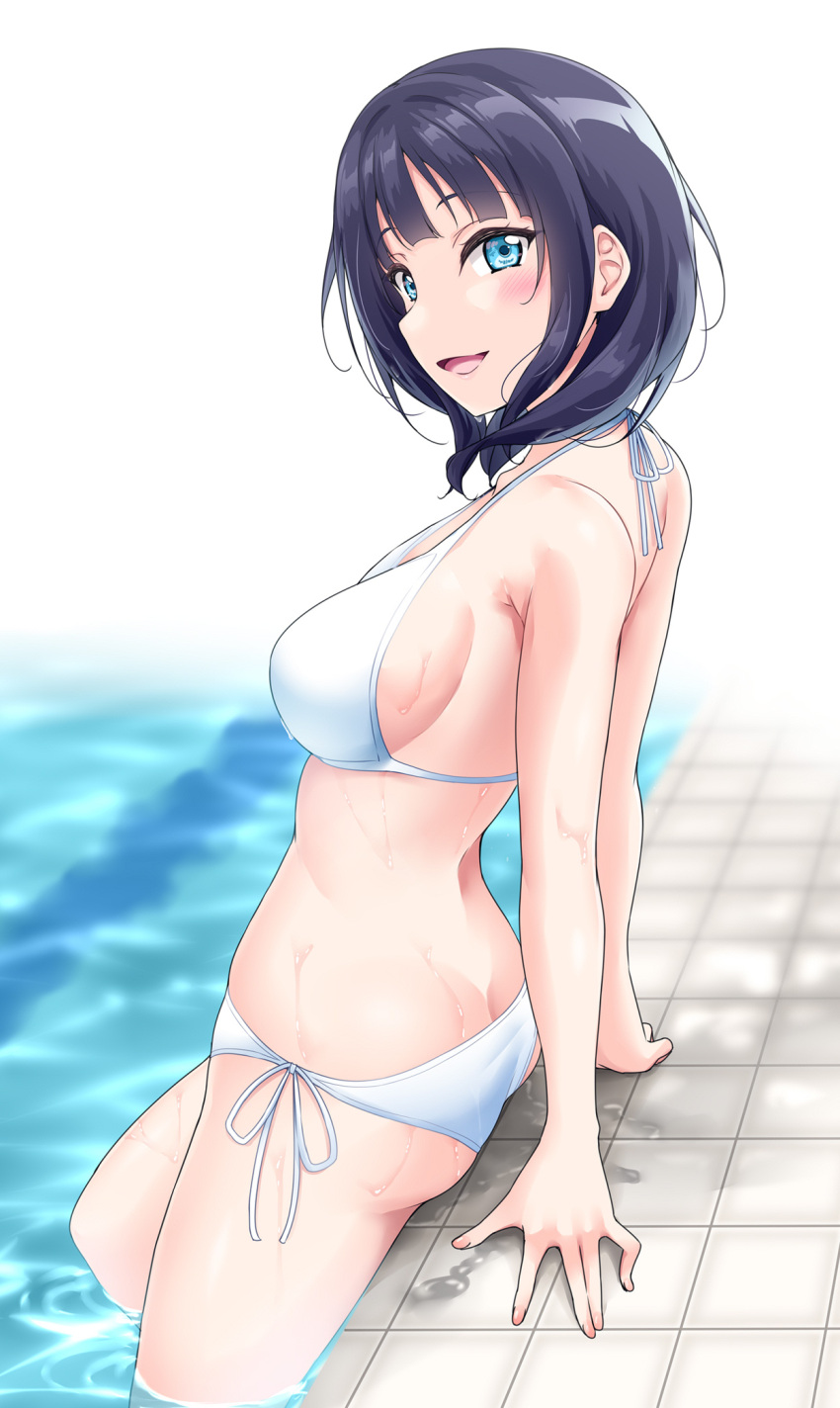 1girl :d arm_support asaka_karin ass bangs bare_arms bare_shoulders bikini blue_eyes blue_hair blunt_bangs blush breasts butt_crack dark_blue_hair halterneck highres in_water looking_at_viewer looking_to_the_side love_live! love_live!_nijigasaki_high_school_idol_club medium_breasts medium_hair nail_polish open_mouth pool side-tie_bikini sideboob simple_background smile solo swimsuit tile_floor tiles water wet wet_clothes wet_swimsuit white_background white_bikini white_swimsuit yopparai_oni