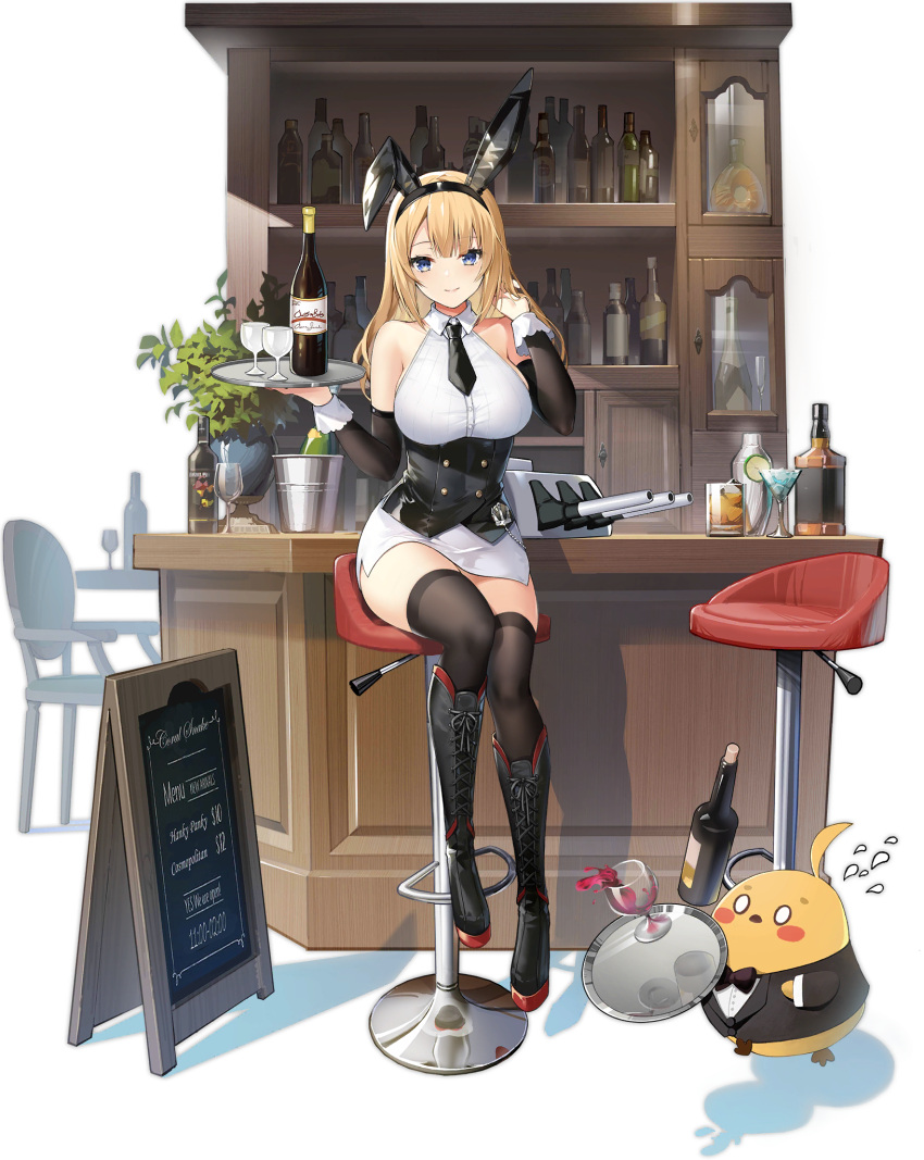 1girl alcohol animal_ears astoria_(azur_lane) astoria_(black_bunny_carnival)_(azur_lane) azur_lane bare_shoulders black_bow black_corset black_footwear black_legwear black_neckwear blonde_hair blue_eyes boots bottle bow breasts buttons corset cross-laced_footwear detached_sleeves double-breasted fake_animal_ears hand_in_hair highres holding holding_tray knee_boots lace-up_boots large_breasts looking_at_viewer manjuu_(azur_lane) miniskirt necktie official_alternate_costume official_art rabbit_ears shirt sitting skirt solo thigh-highs transparent_background tray vilor white_shirt white_skirt wine_bottle zettai_ryouiki