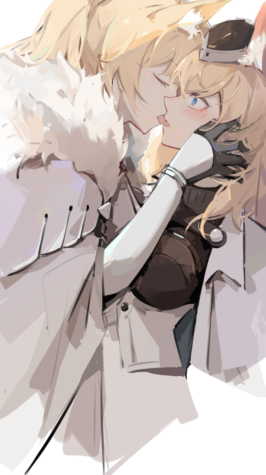 2girls absurdres animal_ears arknights armor aunt_and_niece blemishine_(arknights) blonde_hair blue_eyes blush chinese_commentary closed_eyes commentary_request french_kiss from_side fur_collar gauntlets gemi_25 highres horse_ears incest kiss long_hair looking_at_another multiple_girls profile upper_body whislash_(arknights) white_background yuri