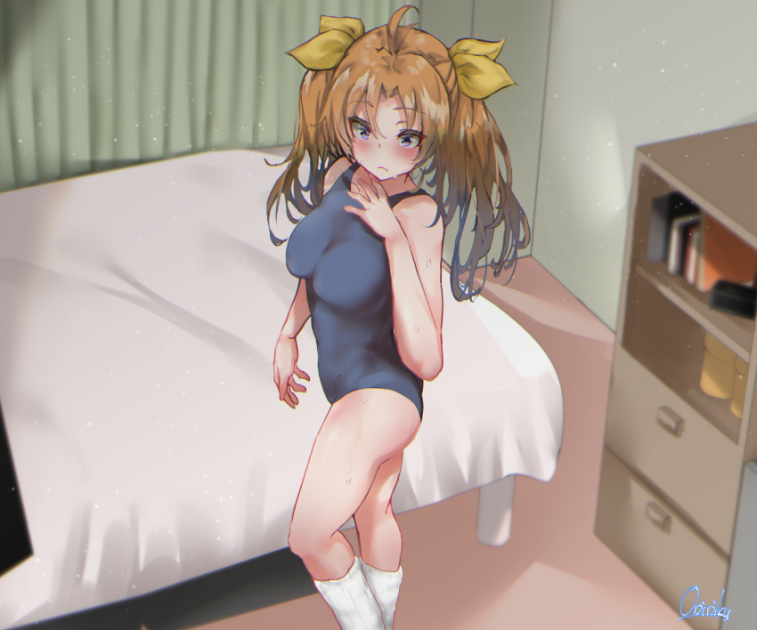 1girl ahoge artist_name bed bedroom blue_swimsuit breasts brown_hair commentary_request curtains feet_out_of_frame hair_ribbon indoors kagerou_(kancolle) kantai_collection long_hair mani_oniniku medium_breasts ribbon school_swimsuit shelf solo standing swimsuit twintails violet_eyes yellow_ribbon