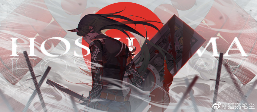 1girl arknights back blood blood_on_face flag green_hair highres holding horns hoshiguma_(arknights) katana mask oni_horns oni_mask pants red_sun shield shuiyaoximushi single_horn solo sword weapon