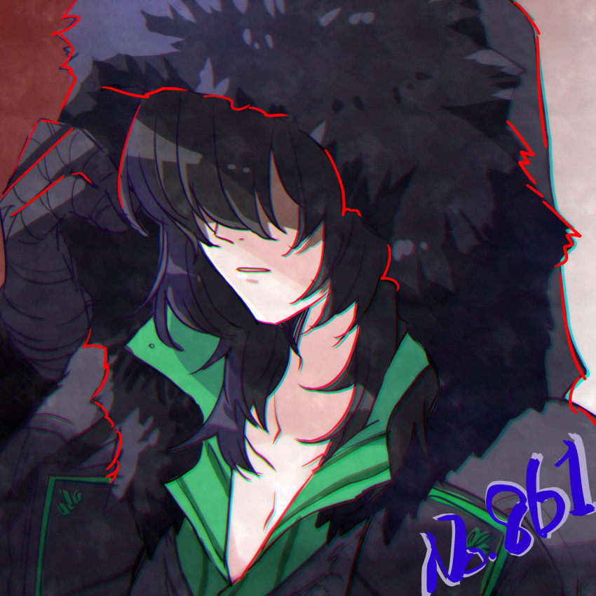 absurdres asrbpy black_gloves black_hair facing_viewer fur_trim gen_8_pokemon gloves grimmsnarl hair_over_eyes hand_up highres hood long_hair number one-hour_drawing_challenge personification pokedex_number pokemon upper_body