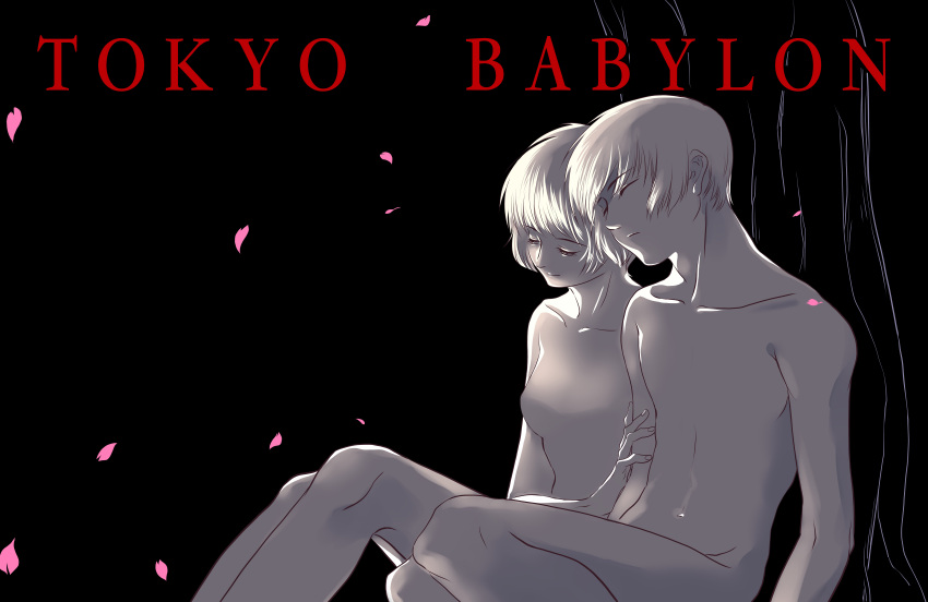 1boy 1girl absurdres black_background brother_and_sister collarbone copyright_name hand_on_another's_arm highres monochrome nude petals short_hair siblings silhouette simple_background sitting sleeping spot_color sumeragi_hokuto sumeragi_subaru time_(kami1984) tokyo_babylon tree twins under_tree very_short_hair