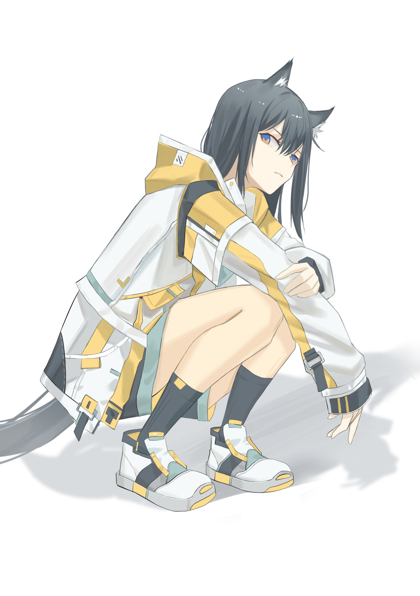 1girl absurdres animal_ear_fluff animal_ears arknights arm_on_knee bare_legs black_hair black_legwear blue_eyes glaring hand_on_own_arm highres hood hood_down hooded_jacket jacket long_hair looking_at_viewer multicolored multicolored_eyes orange_eyes senkane shadow simple_background socks solo squatting strap tail texas_(arknights) white_background wolf_ears wolf_girl wolf_tail