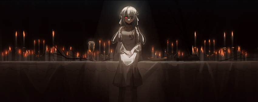 1girl bangs black_eyes branch candle chihuri dress eyebrows_visible_through_hair feet_out_of_frame fire goblet grey_hair hair_over_one_eye hands_on_lap hands_together heterochromia highres juliet_sleeves long_hair long_sleeves original own_hands_together puffy_sleeves red_eyes sitting solo white_dress wide_sleeves