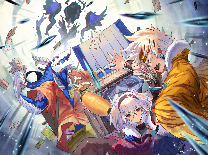 1boy 1girl 1other animal_ears black_hairband blue_eyes cape carrying clenched_hand earrings fur_cape fur_trim glasses hairband headband highres holding holding_money horns jewelry lantern money paper_lantern phima pixiv_fantasia pixiv_fantasia_mountain_of_heaven princess_carry tagme white_hair wristband