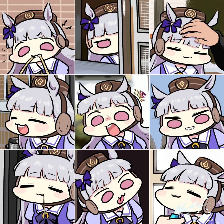 1girl :3 =_= animal_ears bangs biting blunt_bangs blush_stickers bow chart chibi closed_eyes ear_ribbon expressions gold_ship_(umamusume) grin hat highres horse_ears horse_girl hose jazz_jack lightning_bolt no_nose open_mouth peeking_out petting photo-referenced rope school_uniform silver_hair smile straw_(stalk) tongue tongue_out umamusume violet_eyes water