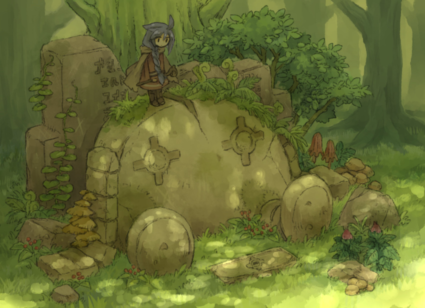 1girl ahoge blue_hair boots braid brown_boots brown_cape cape commentary_request dappled_sunlight day fantasy flower full_body golem highres holding holding_staff koki08186863 leaning_forward long_hair long_sleeves mushroom original outdoors plant single_braid solo staff sunlight tree very_long_hair vines wide_shot