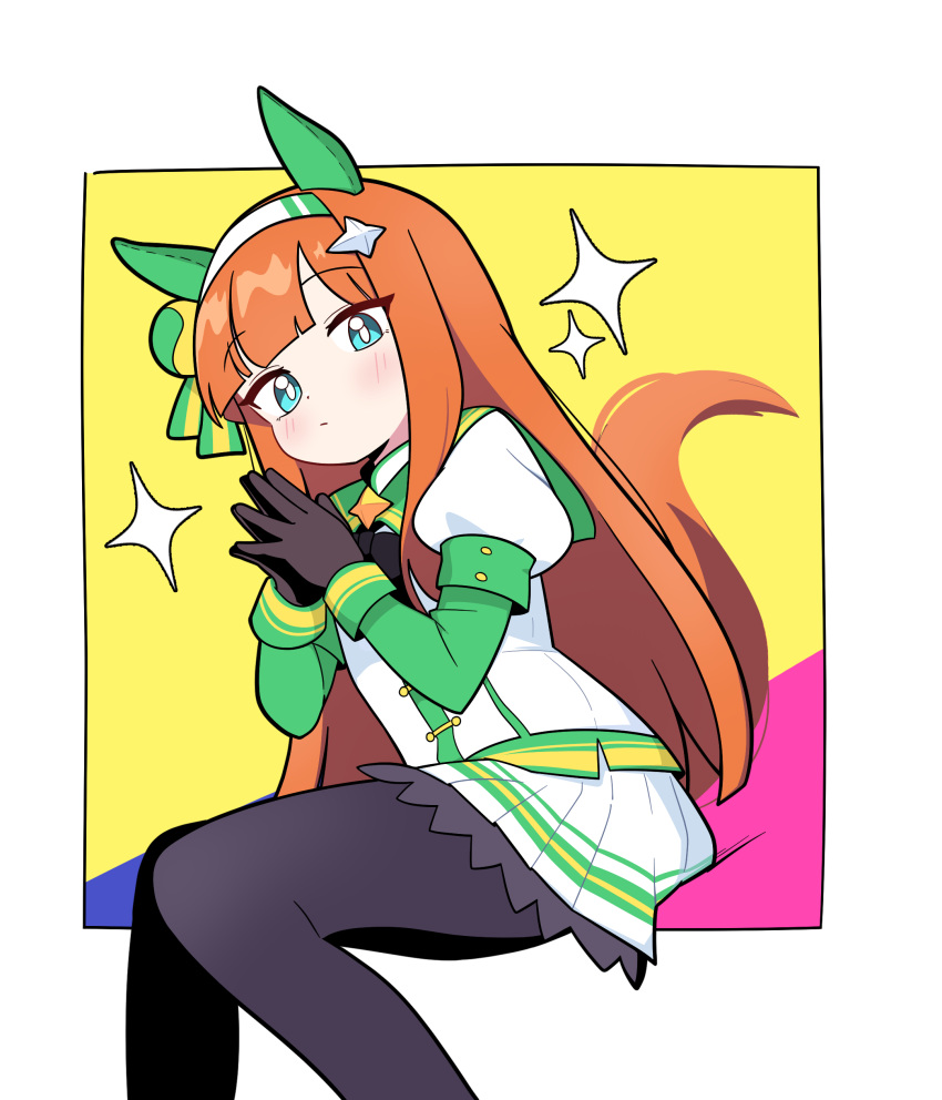 1girl absurdres animal_ears black_gloves black_pantyhose blue_eyes blush border feet_out_of_frame gloves green_shirt hairband highres horse_ears horse_girl horse_tail jacket jorang_(jorang08) layered_sleeves long_sleeves pantyhose pleated_skirt puffy_short_sleeves puffy_sleeves shirt short_over_long_sleeves short_sleeves silence_suzuka_(innocent_silence)_(umamusume) silence_suzuka_(umamusume) skirt solo sparkle steepled_fingers tail umamusume white_border white_hairband white_jacket white_skirt yellow_background