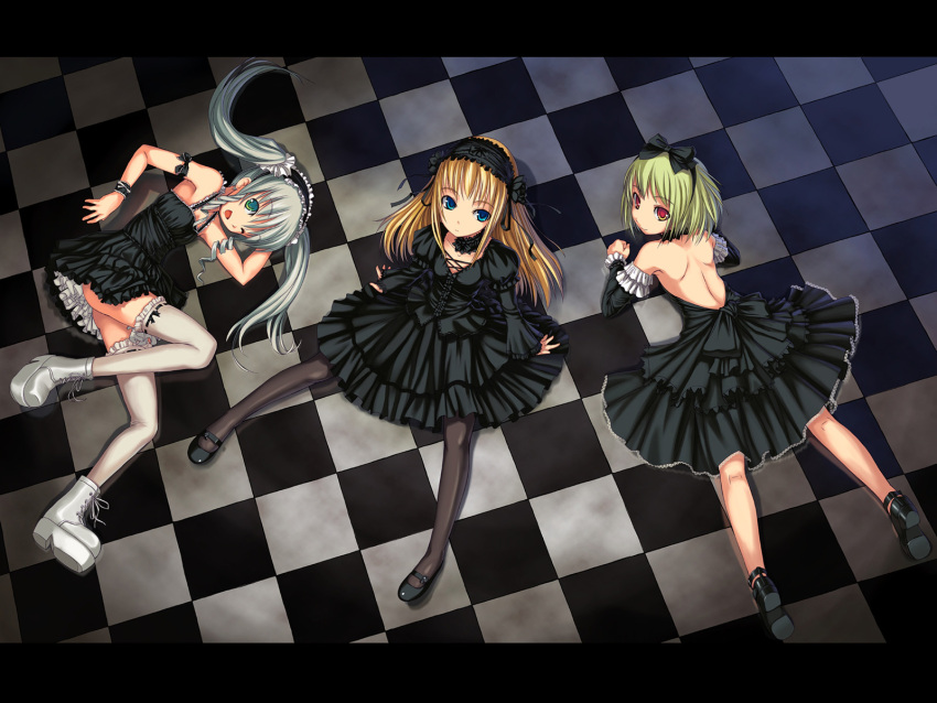 3girls askray blue_eyes boots bosshi dress frills gothic gothic_lolita green_eyes hair_ribbon headdress highres lolita_fashion long_hair pantyhose platforms red_eyes ribbon thigh-highs thighhighs twintails wallpaper white_hair