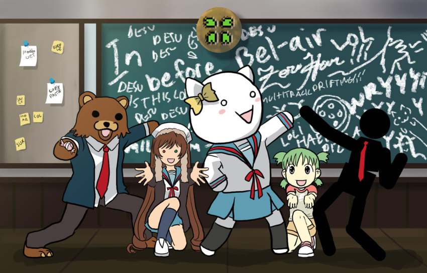 1boy 2ch 2girls 2others 4chan animal asahina_mikuru asahina_mikuru_(cosplay) bear candy cat chalkboard cosplay crossover dan_kim desu hare_hare_yukai human internet jojo_no_kimyou_na_bouken jojos_bizarre_adventure koiwai_yotsuba koizumi_itsuki koizumi_itsuki_(cosplay) kyon kyon_(cosplay) longcat meme moot nagato_yuki nagato_yuki_(cosplay) parody pedobear pose quad_tails rozen_maiden stick_figure suiseiseki suzumiya_haruhi suzumiya_haruhi_(cosplay) suzumiya_haruhi_no_yuuutsu wryyyyyyyyyyyyyyyyyyyy yotsubato!