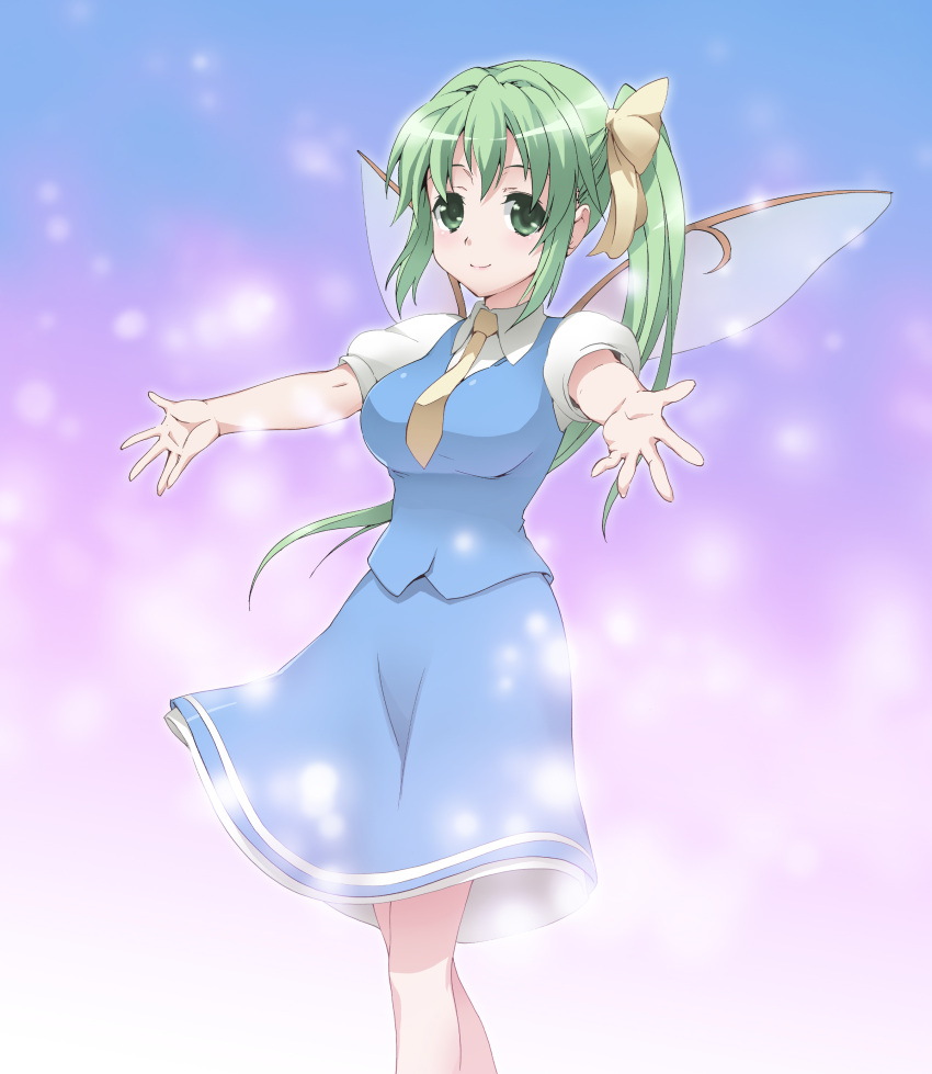 1girl absurdres blush bow breasts byeontae_jagga daiyousei fairy_wings green_eyes green_hair hair_bow highres large_breasts long_hair looking_at_viewer necktie outstretched_arms side_ponytail smile solo touhou wings