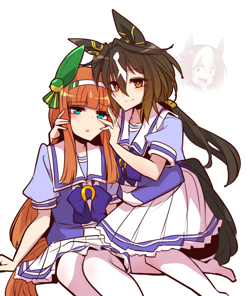 2girls agemasen!_(meme) animal_ears aqua_eyes blunt_bangs blunt_tresses bow bright_pupils brown_hair commentary ear_bow ear_covers gradient_hair hair_between_eyes hair_intakes hair_ornament hairband highres horse_ears horse_girl horse_tail long_hair low_ponytail meme multicolored_hair multiple_girls orange_eyes pleated_skirt ponytail puffy_short_sleeves puffy_sleeves purple_bow sailor_collar school_uniform short_sleeves sidelocks silence_suzuka_(umamusume) skirt special_week_(umamusume) stay_gold_(umamusume) striped_clothes striped_hairband summer_uniform sweatdrop tail thigh-highs tracen_school_uniform umamusume violet_eyes white_background white_hair white_hairband white_sailor_collar white_skirt white_streaks white_thighhighs yonedatomo_mizu