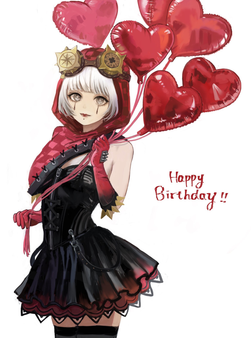 1girl balloon black_corset black_dress black_thighhighs corset cowboy_shot dress gloves goggles goggles_on_head grey_eyes half_capelet hanaochi_pic happy_birthday heart_balloon highres holding holding_balloon identity_v looking_at_viewer makeup off_shoulder official_alternate_costume red_eyes red_gloves red_hood red_lips runny_makeup short_hair solo teardrop_facial_mark thigh-highs tracy_reznik tracy_reznik_(red_riding_hood) white_hair