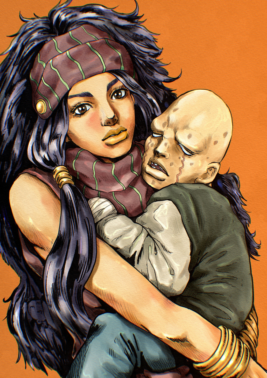 1boy 1girl absurdres aged_down araki_hirohiko_(style) bald bandaged_hand bandages black_hair blank_eyes blue_pants bracelet brown_eyes brown_headband brown_shirt carrying carrying_person child commentary_request enya_geil facial_mark gold_bracelet green_shirt hair_tubes headband highres j._geil jewelry jojo_no_kimyou_na_bouken kaib0y lips liver_spots long_hair long_sleeves looking_at_viewer low-tied_sidelocks missing_tooth mother_and_son no_eyebrows no_pupils open_mouth orange_background orange_lips pants shirt sidelocks sleeveless sleeveless_shirt stardust_crusaders striped_clothes vertical-striped_clothes white_sleeves
