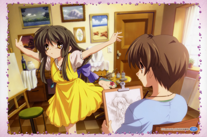 clannad highres ibuki_fuuko ibuki_kouko official_art outstretched_arms pose siblings sisters sketching