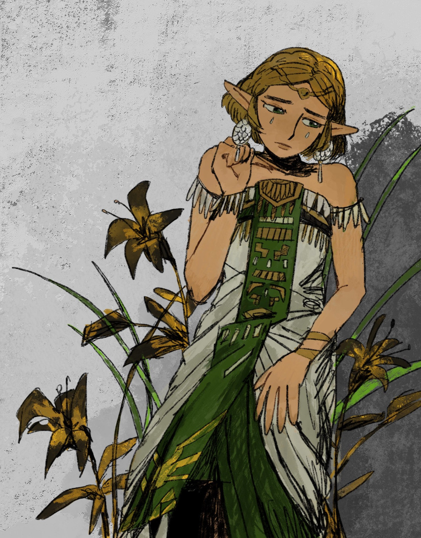 1girl bare_shoulders black_flower blonde_hair bracelet bright_pupils chinese_commentary circlet closed_mouth clouds cloudy_sky collarbone commentary_request day detached_sleeves dress earrings facial_tattoo feather_sleeves feet_out_of_frame flower frown gold_bracelet gold_circlet green_dress green_eyes green_tabard hand_on_lap hand_on_own_ear highres jewelry layered_dress lily_(flower) long_dress looking_to_the_side outdoors pointy_ears princess_zelda rock sad short_hair short_sleeves sitting sky solo strapless strapless_dress tabard tattoo teardrop_tattoo the_legend_of_zelda the_legend_of_zelda:_twilight_princess thick_lips white_dress white_pupils white_sleeves xinzangjian