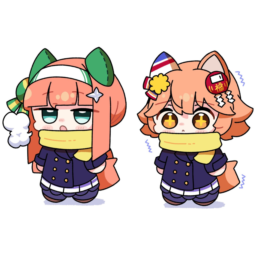 +_+ 2girls animal_ears blue_coat blue_eyes blunt_bangs blush breath buttons chibi chibi_only clover_hair_ornament coat cold daruma_doll daruma_doll_hair_ornament double-breasted ear_covers flipped_hair good_fortune_symbol green_eyes hair_between_eyes hair_ornament hairband highres hime_cut horse_ears horse_girl horse_tail long_hair long_sleeves matikanefukukitaru_(umamusume) multiple_girls open_mouth orange_hair purple_skirt purple_thighhighs scarf school_uniform short_hair silence_suzuka_(umamusume) single_ear_cover skirt star-shaped_pupils star_(symbol) symbol-shaped_pupils tail temu_(kobaeihuk) thigh-highs tracen_school_uniform tracen_winter_coat umamusume white_hairband winter_clothes winter_coat winter_uniform yellow_scarf