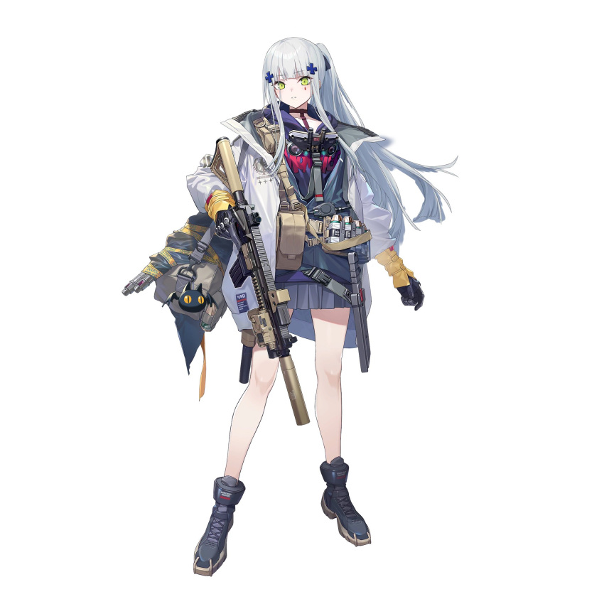 1girl acog assault_rifle girls'_frontline_neural_cloud girls_frontline gloves green_eyes gun h&amp;k_hk416 highres hk416_(girls'_frontline) long_hair official_alternate_costume official_art pleated_skirt rifle shoes skirt sneakers solo trigger_discipline weapon