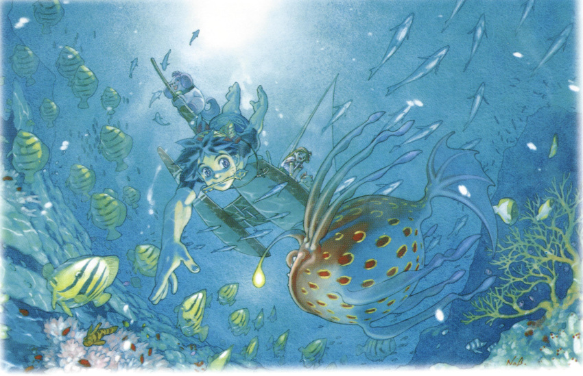 bandana blue_eyes blue_hair chrono_cross dog fish highres key ocean poshul serge smile swimming underwater