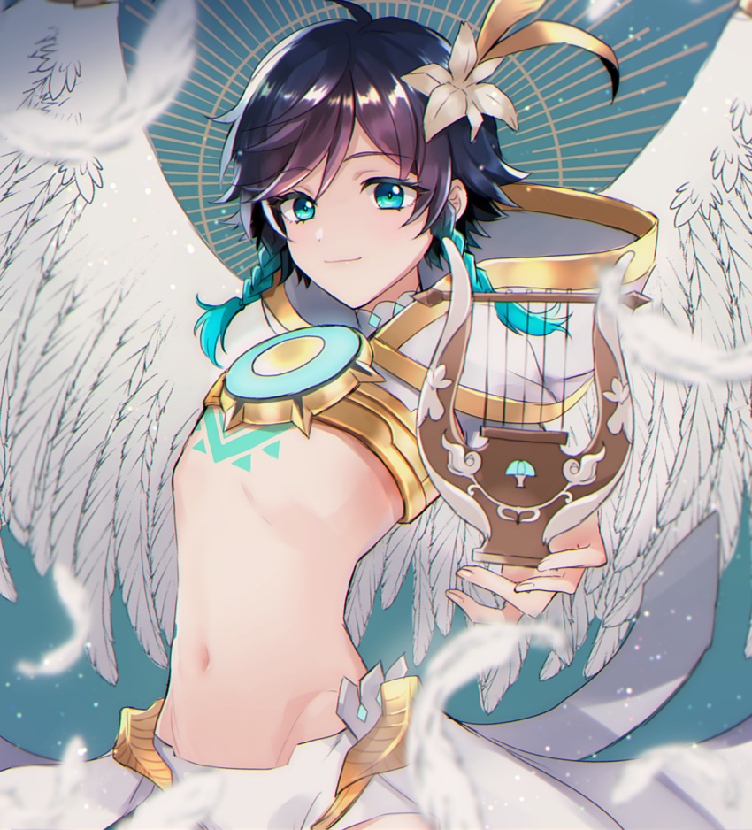 1boy angel_wings ari_(bleum) blue_hair braid feathered_wings feathers flower genshin_impact green_eyes green_hair hair_flower hair_ornament harp highres instrument midriff multicolored_hair navel otoko_no_ko short_shorts shorts smile stomach twin_braids two-tone_hair venti_(genshin_impact) wings