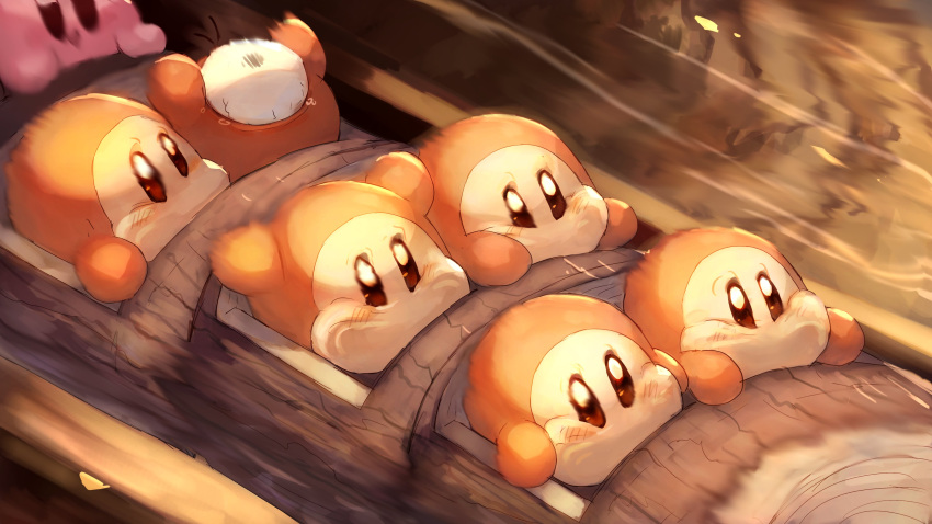 6+others absurdres arms_up blush commentary_request highres kirby kirby_(series) log_flume motion_blur multiple_others no_humans one-eyed roller_coaster shiburingaru splash_mountain waddle_dee waddle_doo