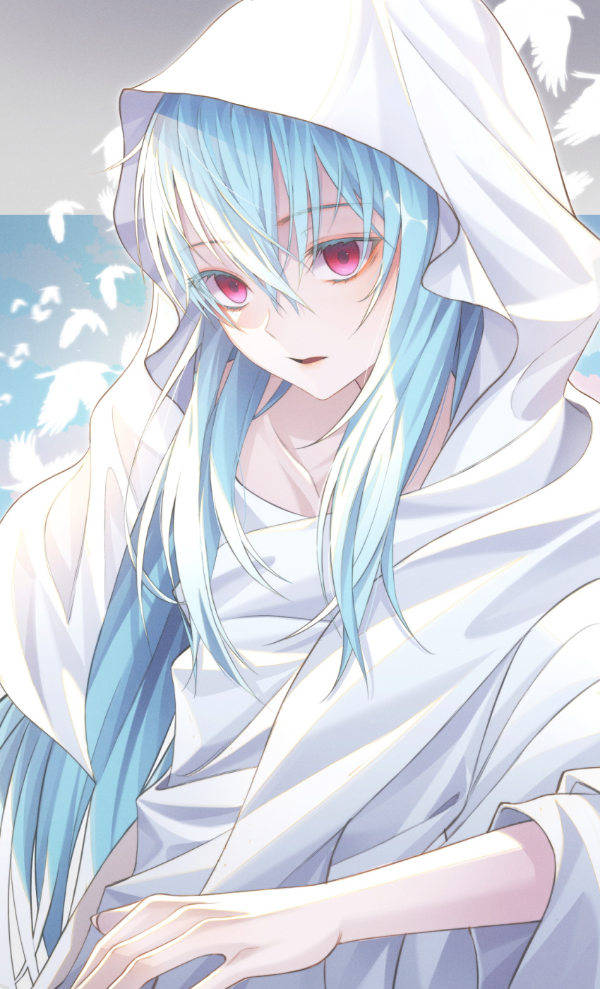1other androgynous bangs bird blue_hair clouds collarbone empty_eyes eyebrows_visible_through_hair ginong gradient gradient_background hair_between_eyes highres hooded_robe long_hair open_mouth red_eyes rimuru_tempest robe sky solo straight_hair tensei_shitara_slime_datta_ken very_long_hair white_robe