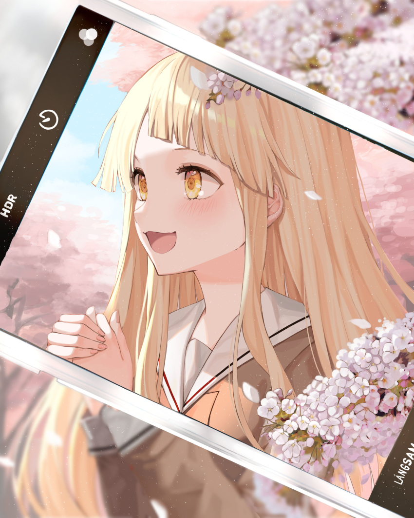 1girl absurdres bangs blonde_hair blurry brown_shirt cellphone cherry_blossoms hands_together highres long_hair long_sleeves open_mouth original petals phone phone_screen sailor_collar school_uniform shirt sidelocks smartphone ueng yellow_eyes