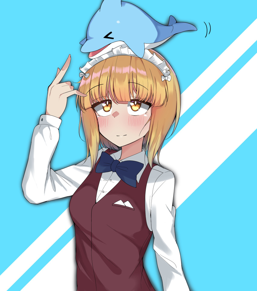 1girl absurdres animal_on_head antyobi0720 bangs bartender black_neckwear blonde_hair blue_background blunt_bangs blush bob_cut bow bowtie brown_vest closed_mouth commentary cutlass_(girls_und_panzer) dolphin dress_shirt eyebrows_visible_through_hair girls_und_panzer handkerchief highres long_sleeves maid_headdress motion_lines on_head school_uniform shirt short_hair smile solo upper_body vest white_shirt wing_collar yellow_eyes