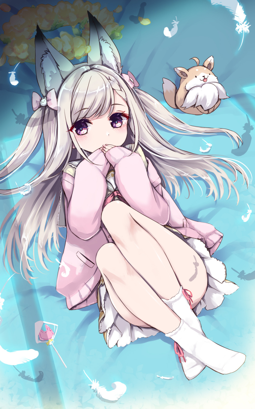 1girl animal_ear_fluff animal_ears animare cardigan covering_mouth crossed_ankles dress fox highres legs_up long_hair long_sleeves looking_at_viewer lying on_back open_cardigan open_clothes pink_cardigan pink_eyes sailor_dress shiromiya_mimi silver_hair sleeves_past_wrists socks torinosu_afro two_side_up virtual_youtuber white_legwear