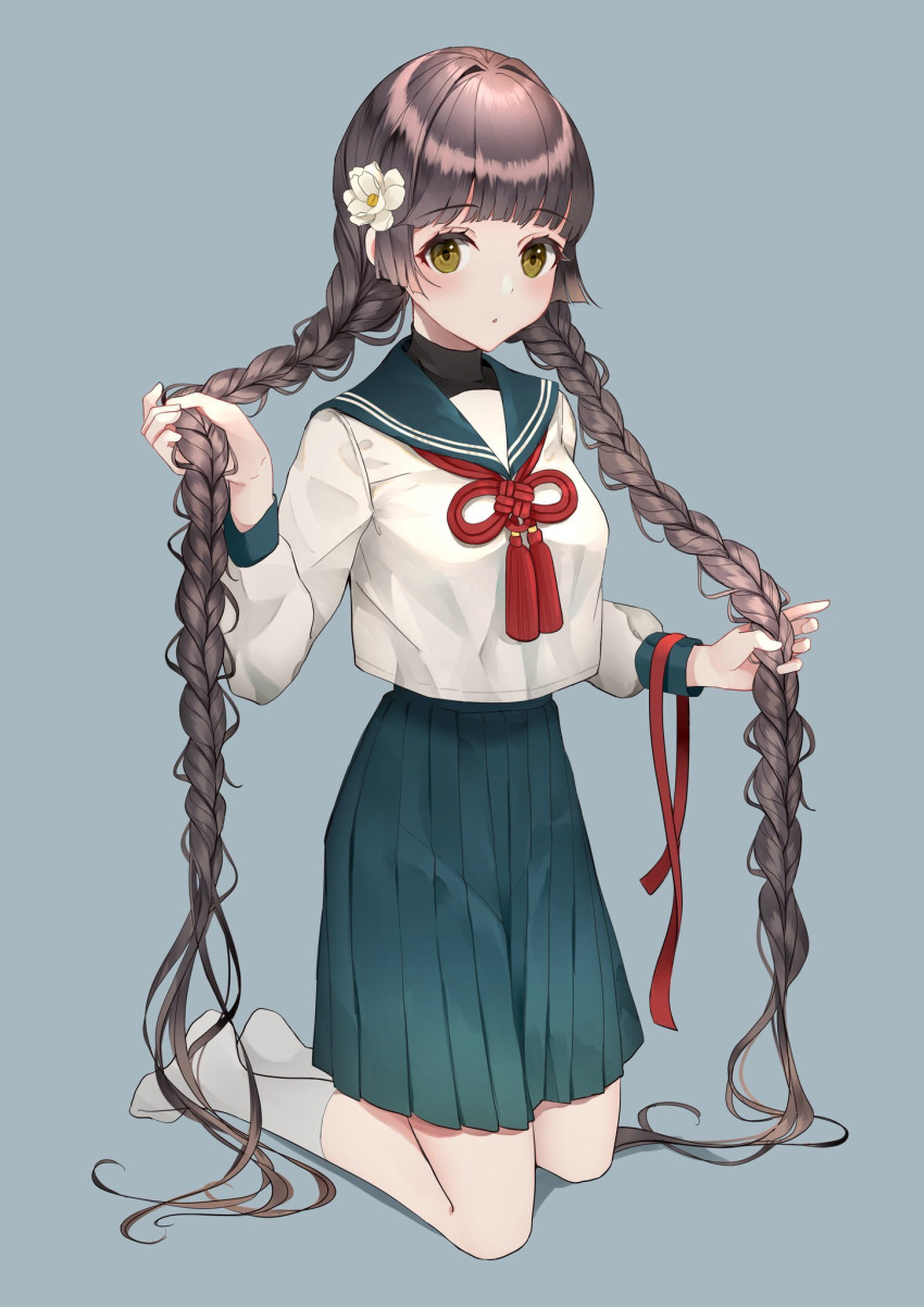 1girl aqua_sailor_collar aqua_skirt bangs blunt_bangs braid flower grey_background hair_flower hair_ornament highres holding holding_hair knot long_hair long_sleeves original pleated_skirt red_neckwear red_ribbon ribbon shirt simple_background skirt socks solo tassel twin_braids usamochi. very_long_hair white_flower white_legwear white_shirt