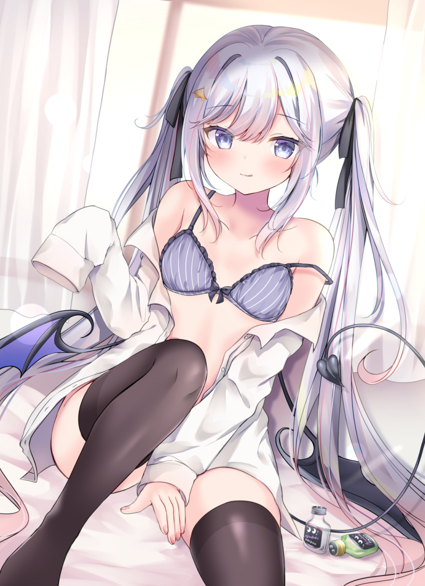 1girl :q bangs bare_shoulders between_legs black_legwear black_ribbon blue_bra blue_eyes blue_wings blush bottle bow bow_bra bra breasts closed_mouth collarbone commentary_request curtains demon_girl demon_tail demon_wings eyebrows_visible_through_hair feet_out_of_frame hair_between_eyes hair_ribbon hand_between_legs highres long_hair long_sleeves looking_at_viewer low_wings masayo_(gin_no_ame) off_shoulder open_clothes open_shirt original ribbon shirt silver_hair sleeves_past_fingers sleeves_past_wrists small_breasts smile solo striped tail thigh-highs tongue tongue_out twintails underwear vertical-striped_bra vertical_stripes very_long_hair white_shirt window wings