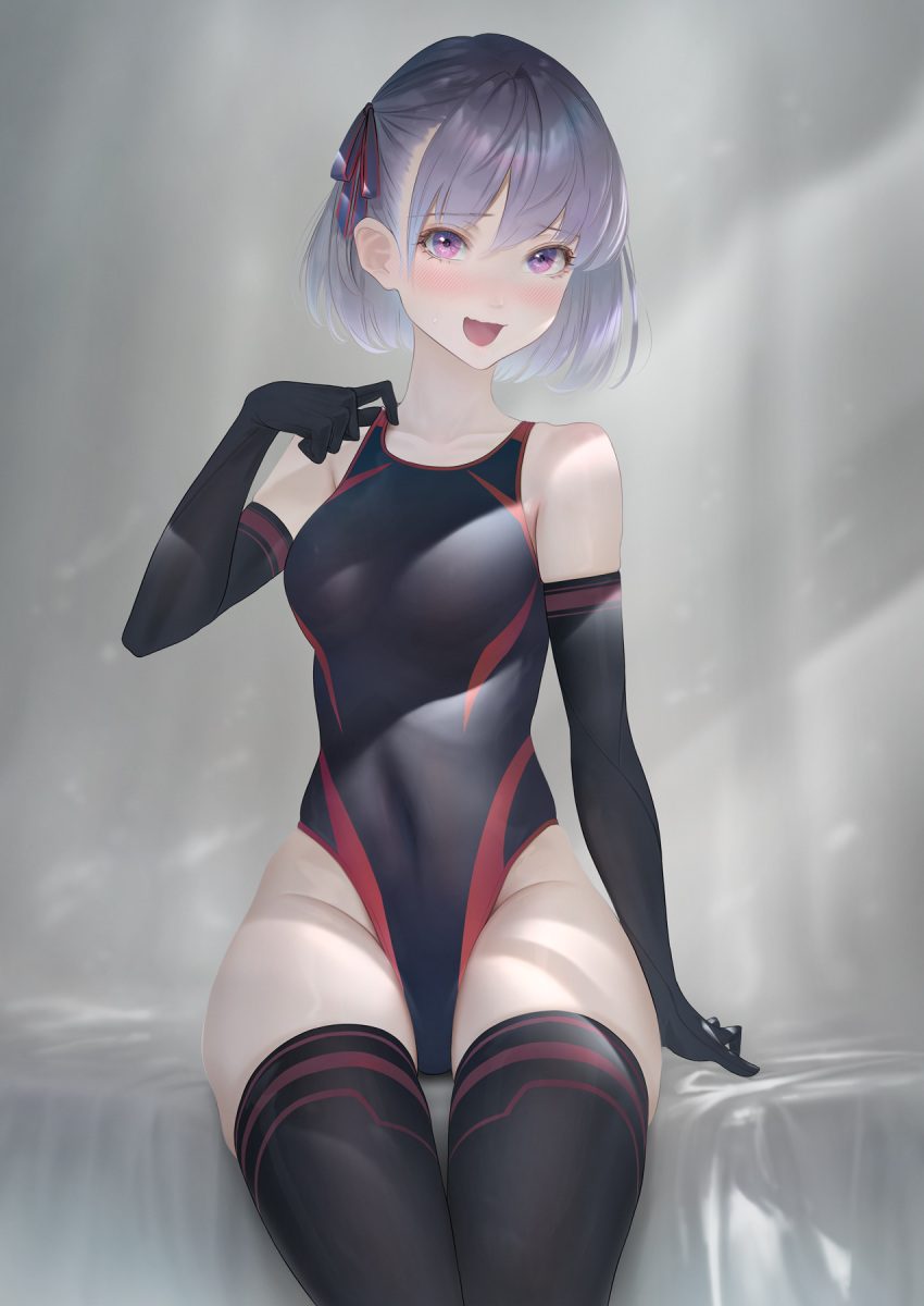 1girl bangs black_gloves black_legwear blush breasts competition_swimsuit elbow_gloves eyebrows_visible_through_hair fate/grand_order fate_(series) gloves hair_ribbon helena_blavatsky_(fate) helena_blavatsky_(swimsuit_archer)_(fate) highleg highleg_swimsuit highres imizu_(nitro_unknown) looking_at_viewer medium_breasts one-piece_swimsuit open_mouth purple_hair ribbon short_hair sitting solo swimsuit thigh-highs violet_eyes